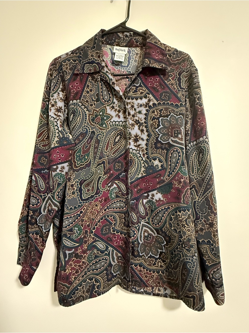 Bon Worth Paisley Button-Front Blouse in Burgundy, Green and Navy